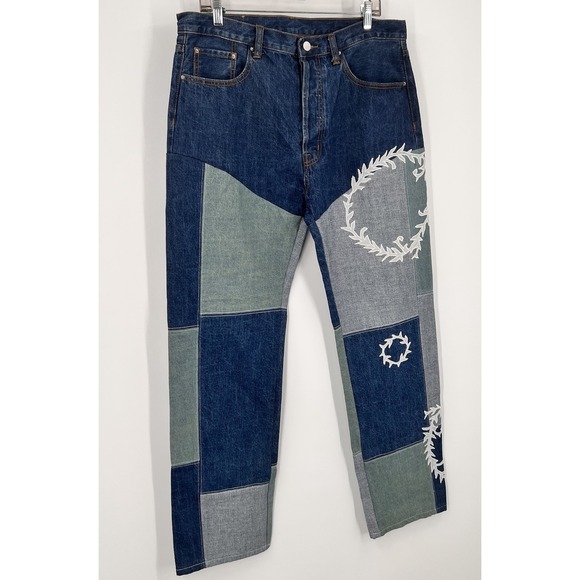 Mnml Jeans Mens 34 Fits 36x32 Patchwork Embroidered Baggy Denim Pants Floral - Picture 11 of 13